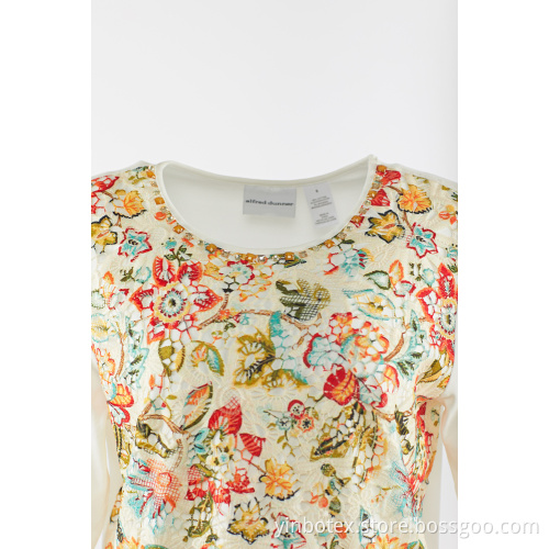 Print lace panel with round neck pullover